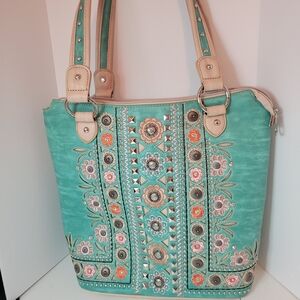 Size 12.5in X 14.5in. Montana West Turquoise and Tan Embroidered Shoulder Bag